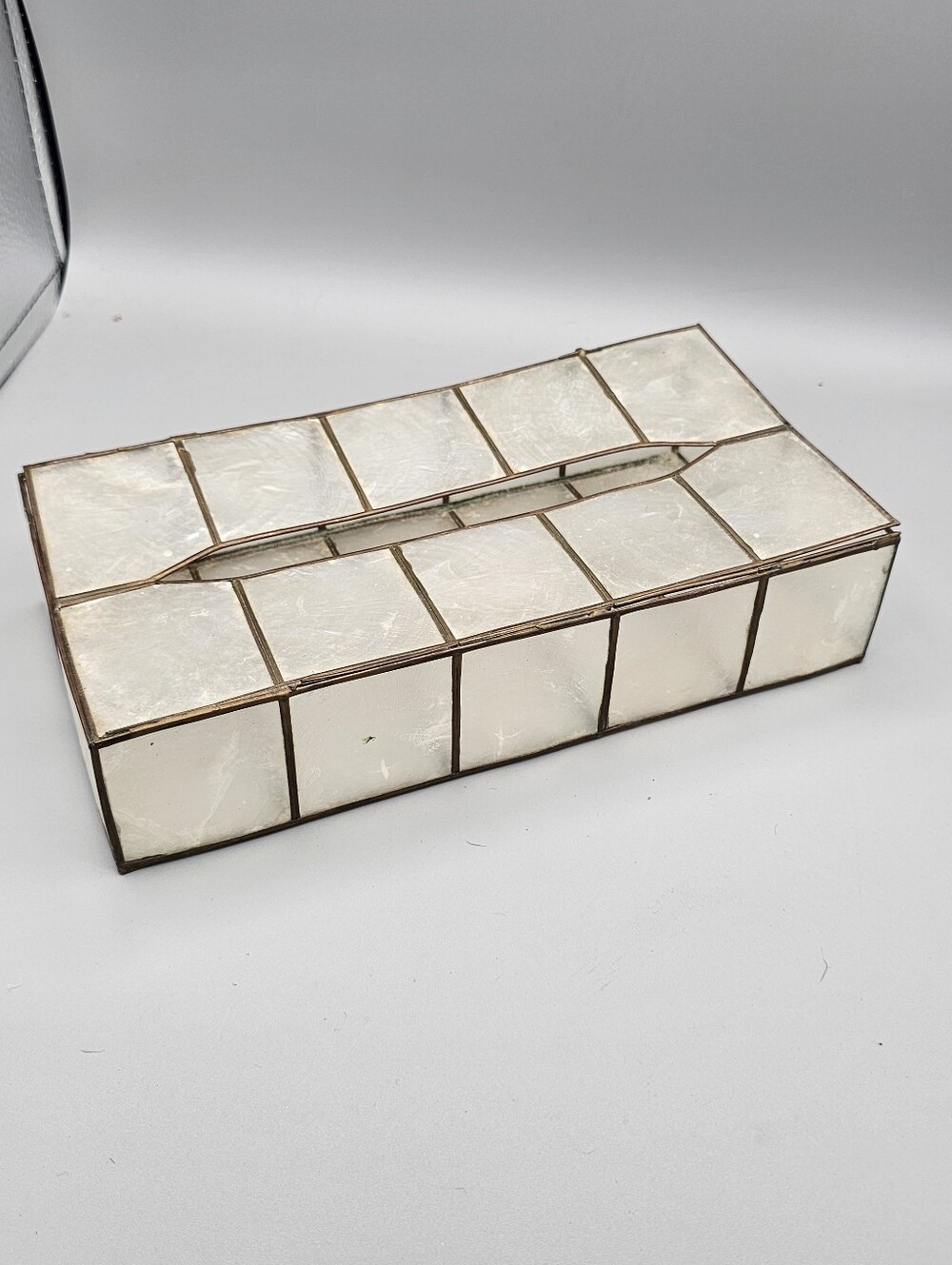 Capiz Shell Brass Tissue Box Cover 10.5"x5" Hinged Decorative Tissue Box Flaw